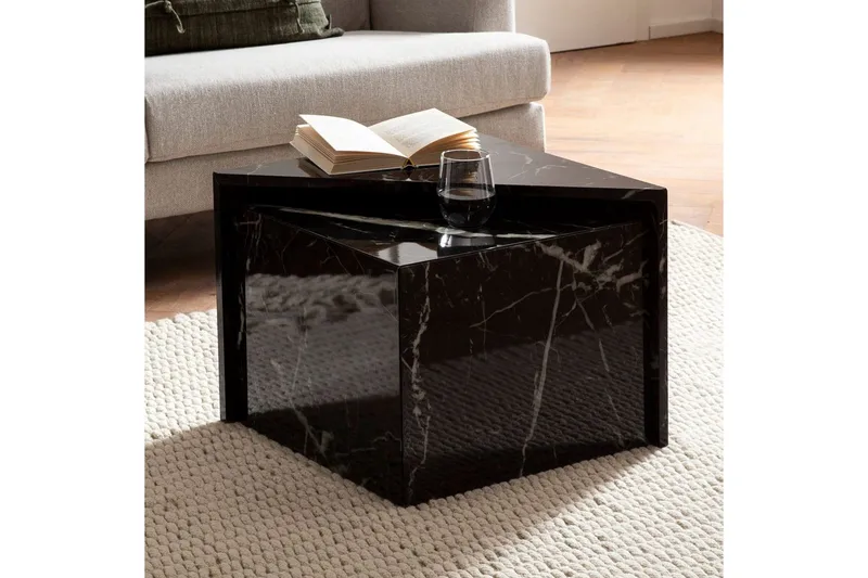 Sisaruspöytä Wohnling Sarja 2 MONOBLOC korkeakiiltoisena kolmionmuotoinen, moderni tyyli Marmori, musta - Marmori, musta - Huonekalut - Pöytä & ruokailuryhmä - Sohvapöytä