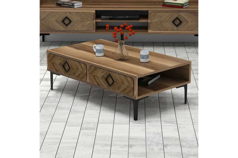 Sohvapöytä Amtorp 105 cm Säilytyksellä Hylly Kalanruotokuvio - Ruskea - Huonekalut - Pöytä & ruokailuryhmä - Sohvapöytä