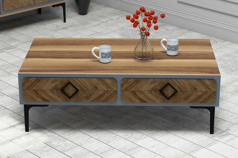 Sohvapöytä Amtorp 105 cm Säilytyksellä Hylly Kalanruotokuvio, Ruskea/Sininen