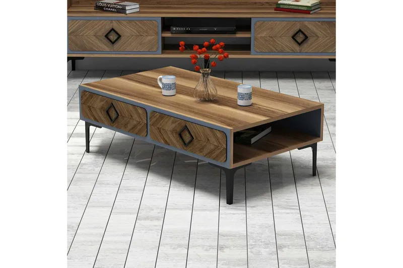 Sohvapöytä Amtorp 105 cm Säilytyksellä Hylly Kalanruotokuvio - Ruskea/Sininen - Huonekalut - Pöytä & ruokailuryhmä - Sohvapöytä