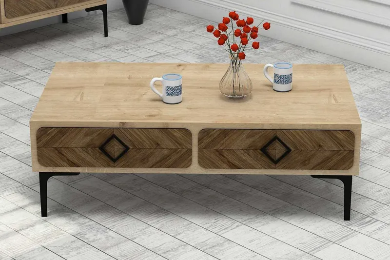 Sohvapöytä Amtorp 105 cm Säilytyksellä Hylly Kalanruotokuvio, Vaaleanruskea