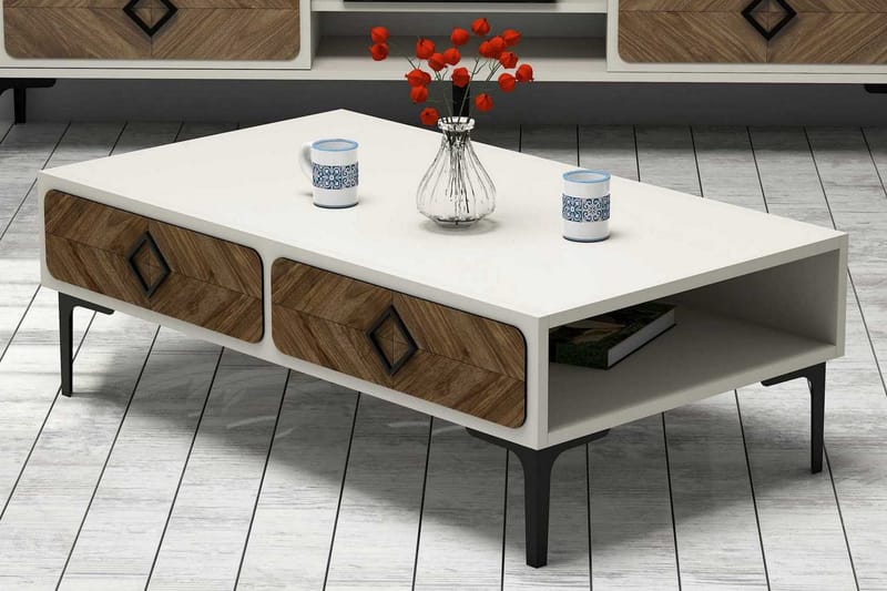 Sohvapöytä Amtorp 105 cm Säilytyksellä Hylly Kalanruotokuvio - Valkoinen/Ruskea - Huonekalut - Pöytä & ruokailuryhmä - Sohvapöytä