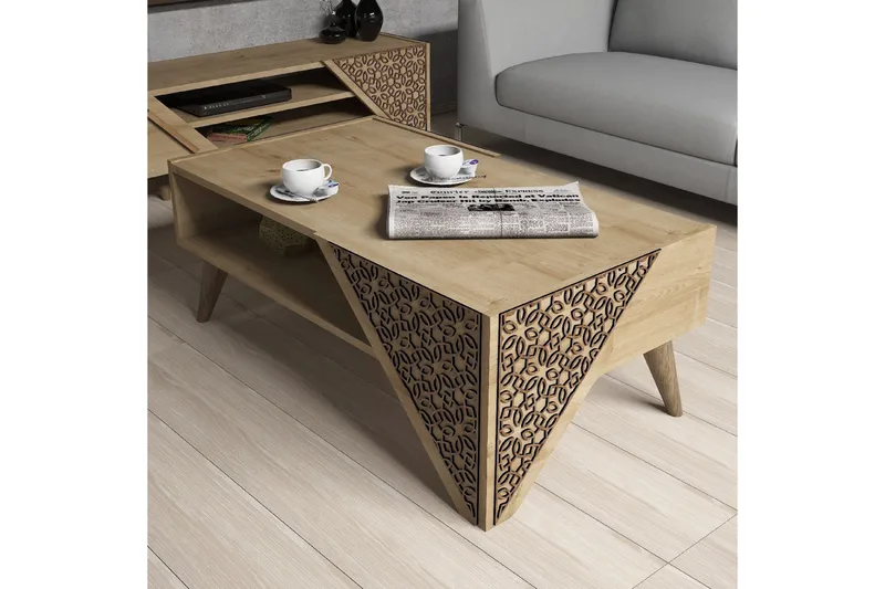 Sohvapöytä Amtorp 105 cm Säilytyksellä Hylly Kukkakuvio - Vaaleanruskea - Huonekalut - Pöytä & ruokailuryhmä - Sohvapöytä