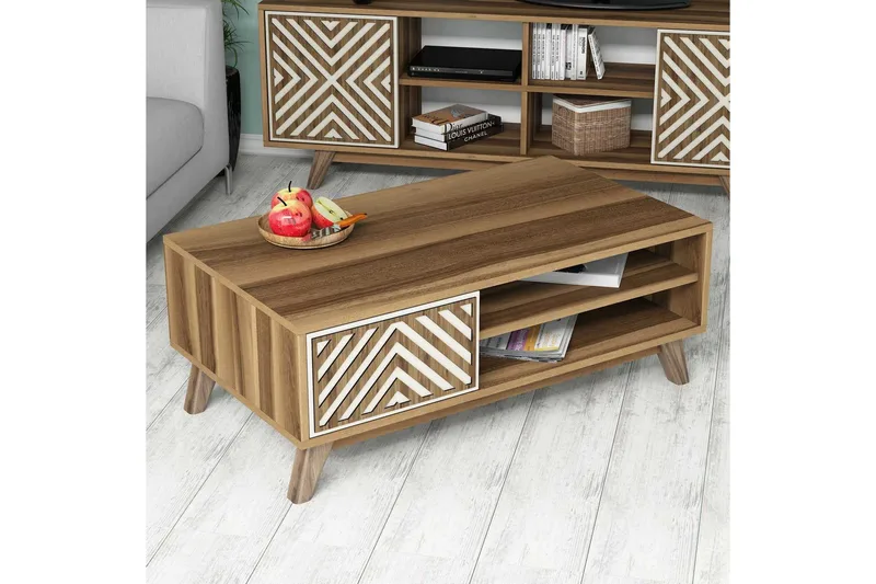 Sohvapöytä Amtorp 105 cm Säilytys 2 hyllyä+kaappi Linjer - Ruskea/Valkoinen/Tammi - Huonekalut - Pöytä & ruokailuryhmä - Sohvapöytä