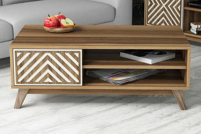 Sohvapöytä Amtorp 105 cm Säilytys 2 hyllyä+kaappi Linjer - Ruskea/Valkoinen/Tammi - Huonekalut - Pöytä & ruokailuryhmä - Sohvapöytä