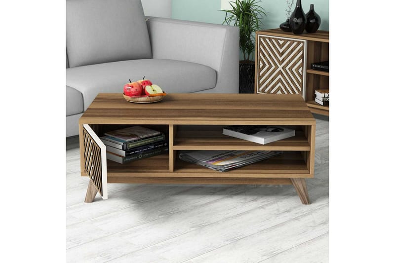 Sohvapöytä Amtorp 105 cm Säilytys 2 hyllyä+kaappi Linjer - Ruskea/Valkoinen/Tammi - Huonekalut - Pöytä & ruokailuryhmä - Sohvapöytä