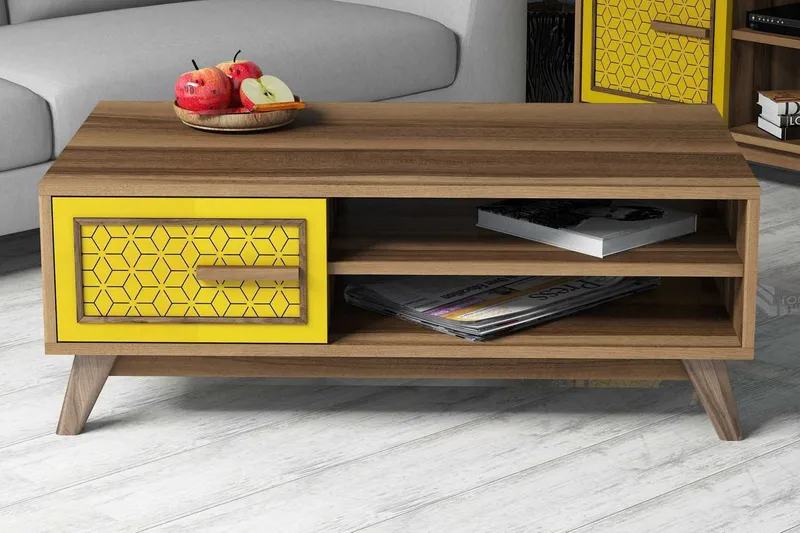 Sohvapöytä Amtorp 105 cm Säilytys 2 hyllyä+kaappi Timantti, Ruskea/Keltainen/Tammi