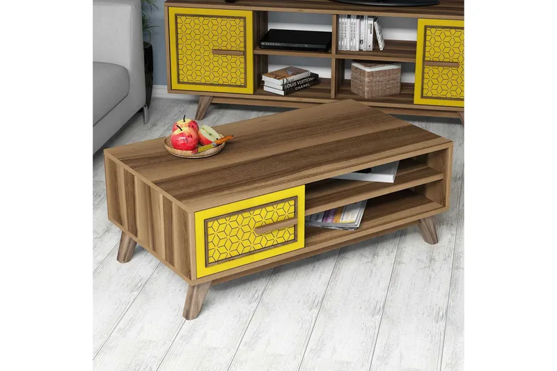 Sohvapöytä Amtorp 105 cm Säilytys 2 hyllyä+kaappi Timantti - Ruskea/Keltainen/Tammi - Huonekalut - Pöytä & ruokailuryhmä - Sohvapöytä