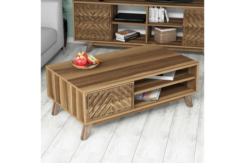 Sohvapöytä Amtorp 105 cm Säilytys 2 hyllyä Linjer+kaappi - Ruskea - Huonekalut - Pöytä & ruokailuryhmä - Sohvapöytä