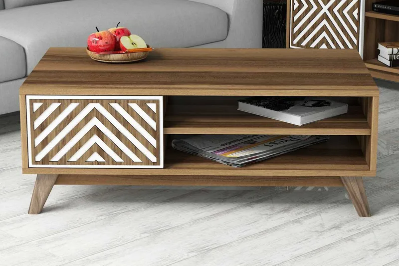 Sohvapöytä Amtorp 105 cm Säilytys 2 hyllyä Linjer+kaappi - Valkoinen/Ruskea - Huonekalut - Pöytä & ruokailuryhmä - Sohvapöytä