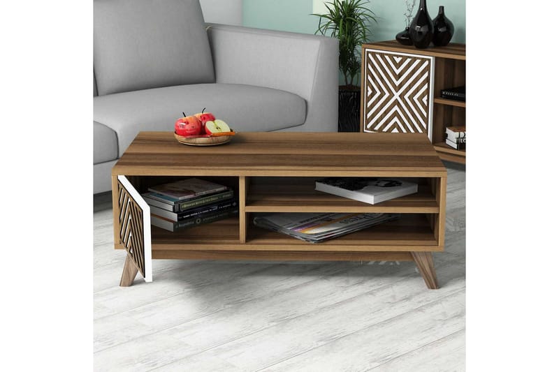 Sohvapöytä Amtorp 105 cm Säilytys 2 hyllyä Linjer+kaappi - Valkoinen/Ruskea - Huonekalut - Pöytä & ruokailuryhmä - Sohvapöytä