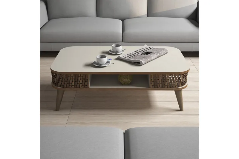 Sohvapöytä Amtorp 105 cm Säilytys Hylly Pyöristetyt kulmat - Valkoinen/Ruskea/Tammi - Huonekalut - Pöytä & ruokailuryhmä - Sohvapöytä