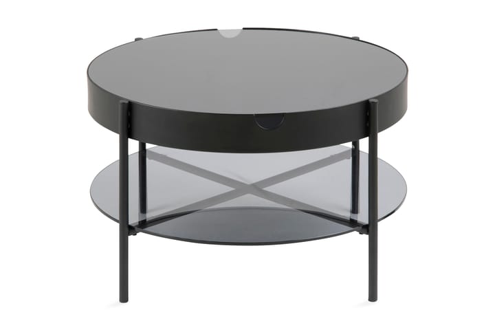 Sohvapöytä Anabel 75 cm Pyöreä Säilytyksellä Hylly - Savunvärinen Lasi/Musta - Sohvapöytä