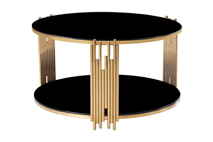 Sohvapöytä Anglesola 90 cm Pyöreä Säilytyksellä Hylly - Lasi/Musta/Messinki - Sohvapöytä