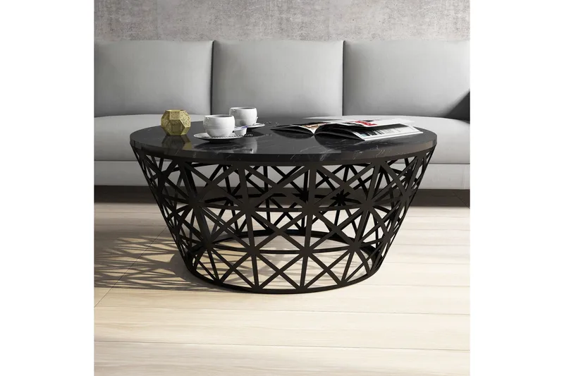 Sohvapöytä Bjella 90 cm Pyöreä Marmorikuvio - Musta - Huonekalut - Pöytä & ruokailuryhmä - Sohvapöytä