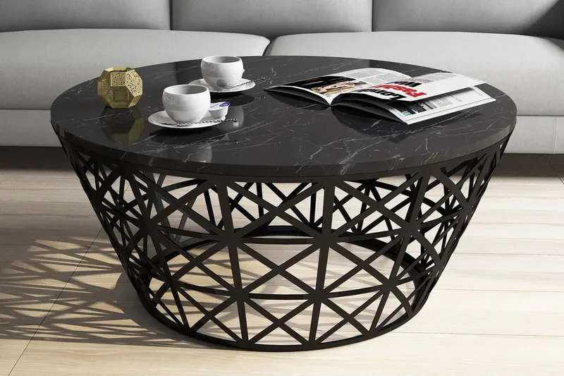 Sohvapöytä Bjella 90 cm Pyöreä Marmorikuvio, Musta