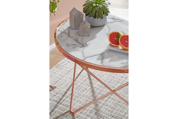 Sohvapöytä Chrishelle 85 cm Pyöreä Marmörkuvio - Valkoinen/Messinki - Marmoripöydät - Sohvapöytä