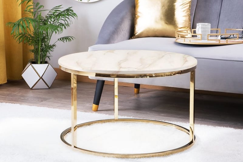 Sohvapöytä Corbelin 70 cm Pyöreä Marmorikuvio, Valkoinen/Kulta