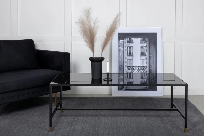 Sohvapöytä Dipp 130 cm Marmorikuvio, Lasi/Musta/Messinki