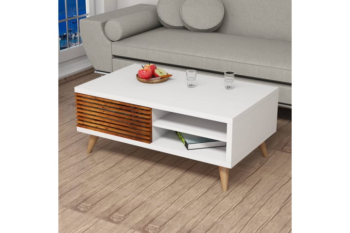 Sohvapöytä Fatimah 100 cm Säilytyksellä Hylly+kaappi - Pähkinänruskea/Valkoinen - Sohvapöytä