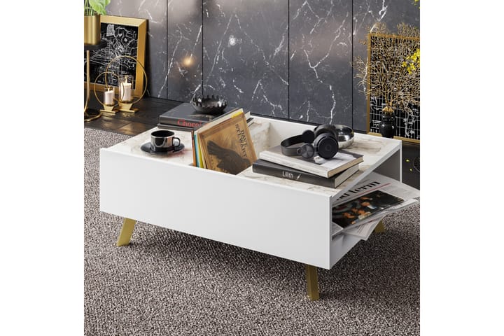 Sohvapöytä Fridaria 90 cm Säilytyksellä Marmorikuvio - Valkoinen/Tummanruskea - Sohvapöytä