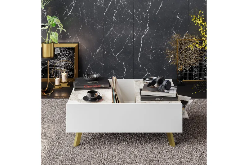 Sohvapöytä Fridaria 90 cm Säilytyksellä Marmorikuvio - Valkoinen/Tummanruskea - Huonekalut - Pöytä & ruokailuryhmä - Sohvapöytä