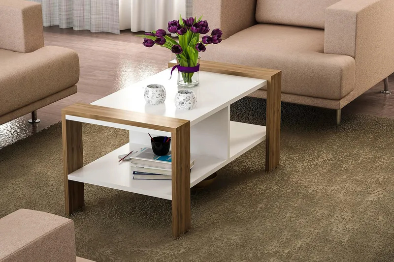 Sohvapöytä Johnever 90 cm Säilytyksellä Hylly - Valkoinen/Pähkinänruskea - Huonekalut - Pöytä & ruokailuryhmä - Sohvapöytä