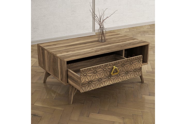 Sohvapöytä Jospeh 90 cm Säilytys Laatikko+Hylly Koristeltu - Pähkinänruskea - Sohvapöytä