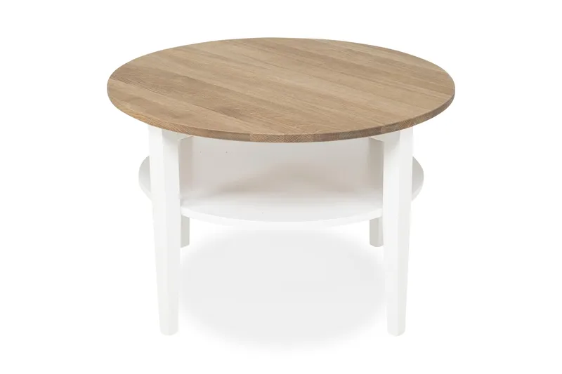 Sohvapöytä Keltainenlstrand 80 cm Pyöreä Säilytyksellä Hylly, Massiivitammi/Valkoinen