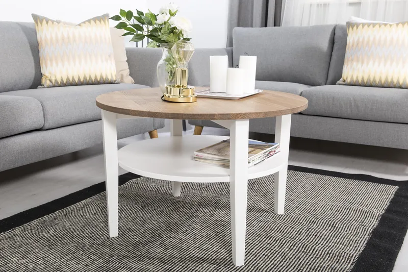 Sohvapöytä Keltainenlstrand 80 cm Pyöreä Säilytyksellä Hylly - Massiivitammi/Valkoinen - Huonekalut - Pöytä & ruokailuryhmä - Sohvapöytä