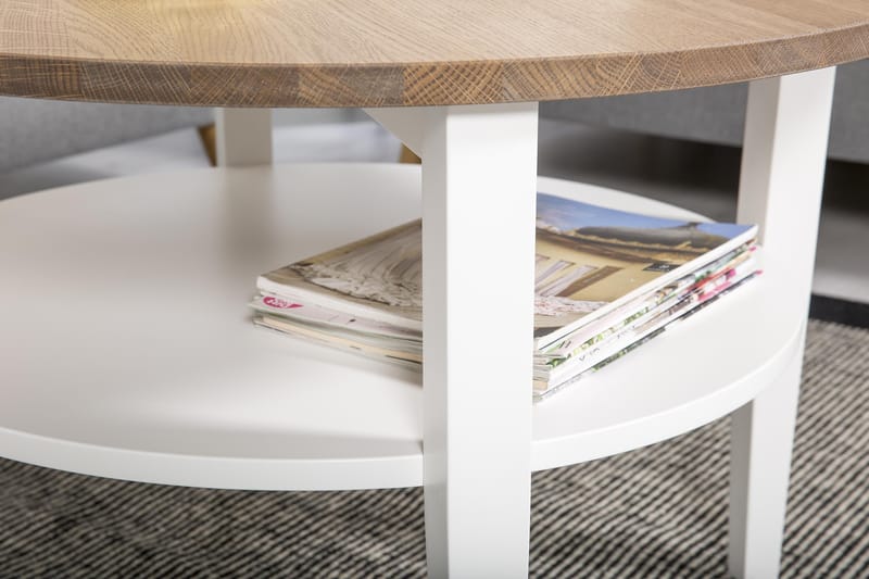 Sohvapöytä Keltainenlstrand 80 cm Pyöreä Säilytyksellä Hylly - Massiivitammi/Valkoinen - Huonekalut - Pöytä & ruokailuryhmä - Sohvapöytä