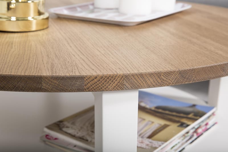 Sohvapöytä Keltainenlstrand 80 cm Pyöreä Säilytyksellä Hylly - Massiivitammi/Valkoinen - Huonekalut - Pöytä & ruokailuryhmä - Sohvapöytä