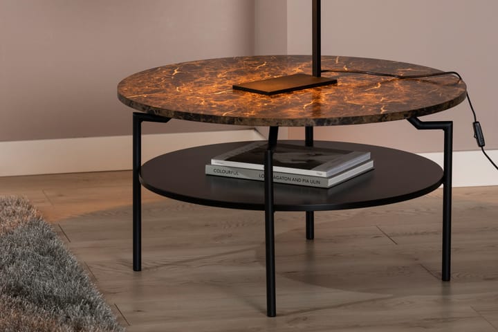 Sohvapöytä Kristensa 80 cm Pyöreä Säilytyksellä Hylly kuvio - Ruskea/Musta - Marmoripöydät - Sohvapöytä