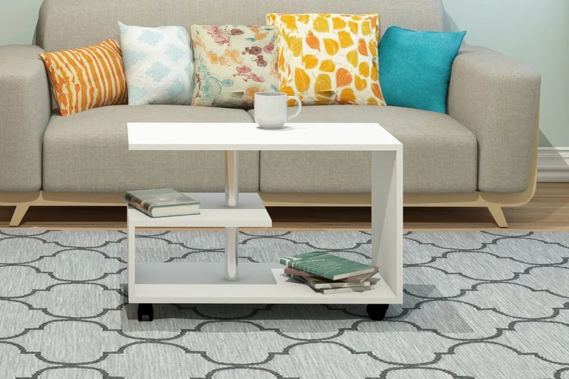 Sohvapöytä Lalenius 80 cm Säilytyksellä Hylly pyörillä - Valkoinen - Huonekalut - Pöytä & ruokailuryhmä - Sohvapöytä