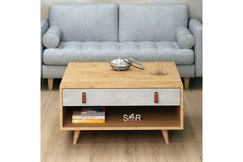 Sohvapöytä Naidaj 80 cm Säilytys Laatikko+Hylly Nahkavedin - Harmaa/Puu - Huonekalut - Pöytä & ruokailuryhmä - Sohvapöytä