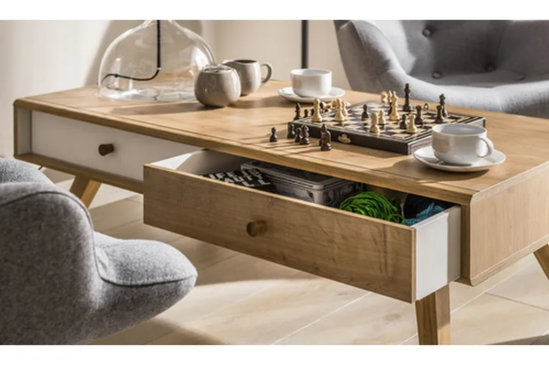 Sohvapöytä Nature 120 cm Säilytyksellä Valkoinen/Tammi - VOX - Huonekalut - Pöytä & ruokailuryhmä - Sohvapöytä