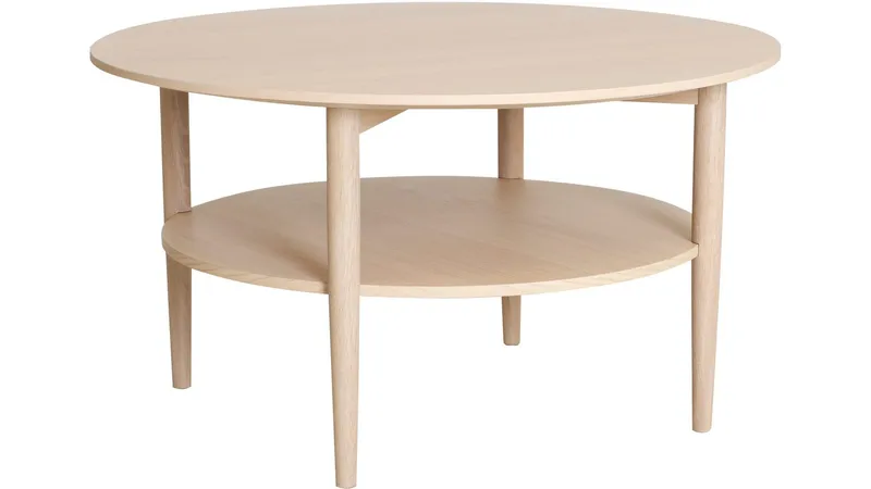 Sohvapöytä Ravik hyllyllä Ø90 cm, Valkaistu