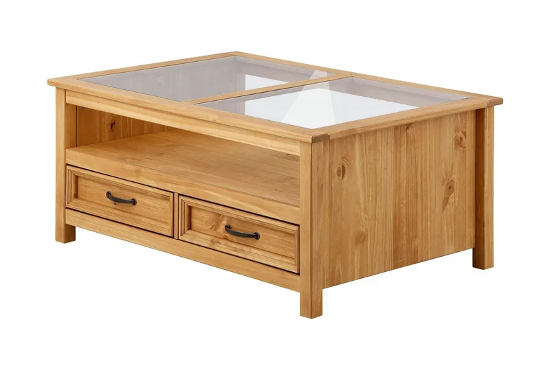 Sohvapöytä Sedina 100 cm Säilytyksellä 2 laatikkoa+Hylly - Lasi/Ruskea - Huonekalut - Pöytä & ruokailuryhmä - Sohvapöytä