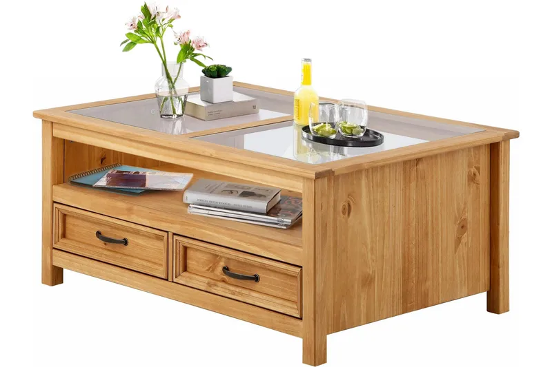 Sohvapöytä Sedina 100 cm Säilytyksellä 2 laatikkoa+Hylly - Lasi/Ruskea - Huonekalut - Pöytä & ruokailuryhmä - Sohvapöytä