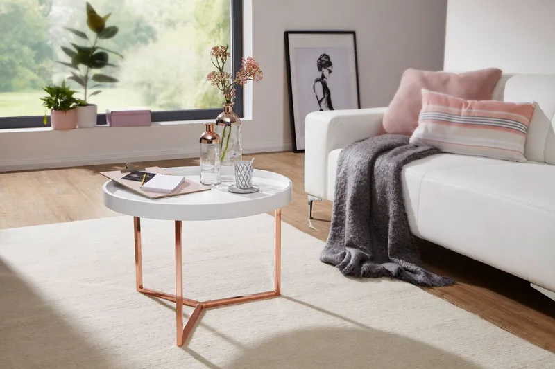 Sohvapöytä Tilesha 59 cm Pyöreä, Valkoinen/Messinki