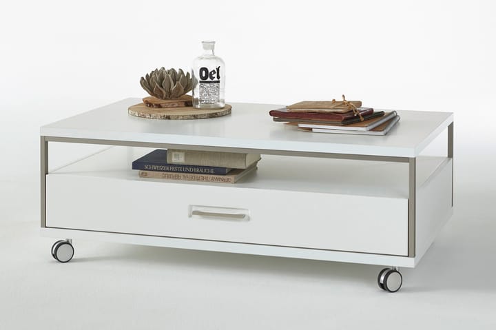 Sohvapöytä Trenino 115 cm Säilytys Hylly+Laatikko pyörillä - Valkoinen Korkeakiilto - Sohvapöytä