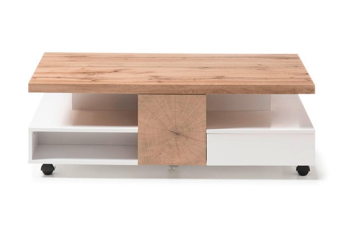 Sohvapöytä Trimer 120 cm Säilytyksellä Hyllyt pyörillä - Valkoinen/Luonnonväri - Sohvapöytä
