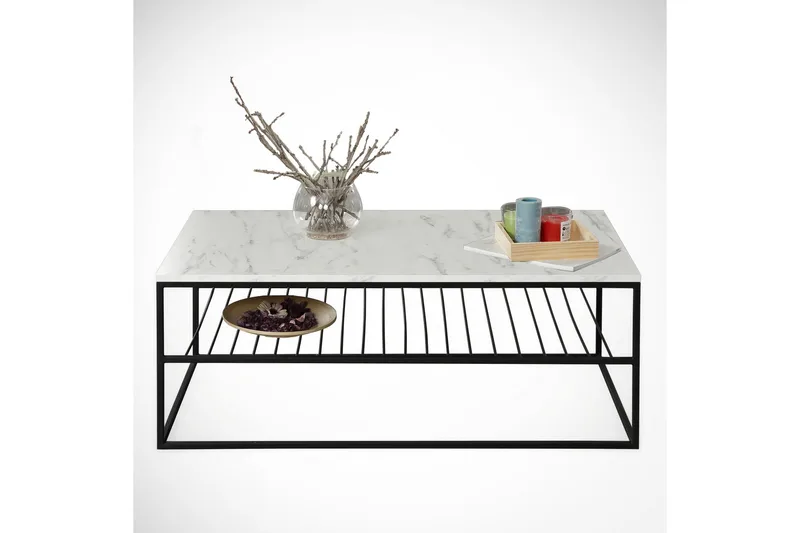 Sohvapöytä Ubbeboda 95 cm Ritilähyllyllä - Valkoinen/Musta Marmorikuvio - Huonekalut - Pöytä & ruokailuryhmä - Sohvapöytä