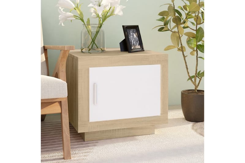 Sohvapöytä valkoinen ja Sonoma-tammi 51x50x45 cm tekninen pu - Beige - Huonekalut - Pöytä & ruokailuryhmä - Sohvapöytä
