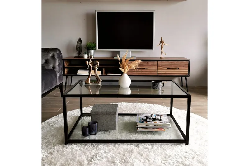 Sohvapöytä Vallsbo 90 cm Säilytyksellä Hylly - Lasi/Musta - Huonekalut - Pöytä & ruokailuryhmä - Sohvapöytä