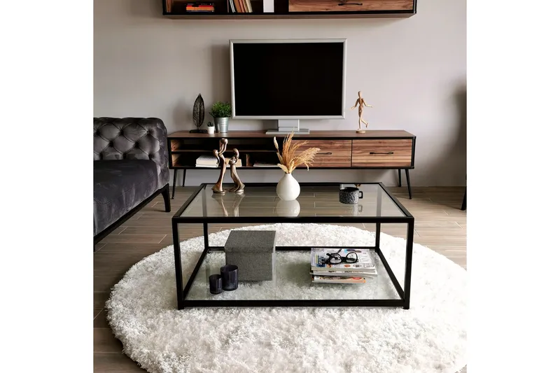 Sohvapöytä Vallsbo 90 cm Säilytyksellä Hylly - Lasi/Musta - Huonekalut - Pöytä & ruokailuryhmä - Sohvapöytä