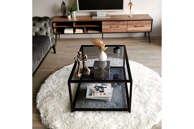 Sohvapöytä Vallsbo 90 cm Säilytyksellä Hylly - Lasi/Savunvärinen/Musta - Huonekalut - Pöytä & ruokailuryhmä - Sohvapöytä