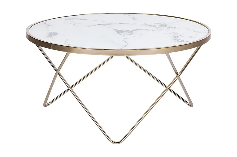 Sohvapöytä Vanlaarhoven 80 cm Pyöreä Marmorikuvio, Lasi/Valkoinen/Kulta
