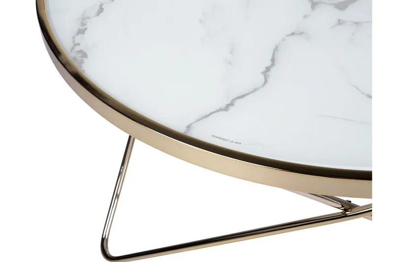 Sohvapöytä Vanlaarhoven 80 cm Pyöreä Marmorikuvio - Lasi/Valkoinen/Kulta - Huonekalut - Pöytä & ruokailuryhmä - Sohvapöytä