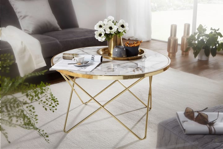 Sohvapöytä Vansyckel 85 cm Pyöreä Marmörkuvio - Valkoinen/Kulta - Marmoripöydät - Sohvapöytä